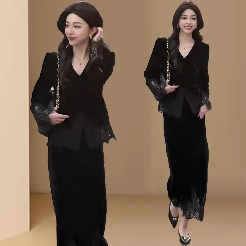 春秋新款收腰显瘦拼接V领百搭小衫半身裙套装法式气质女士两件套