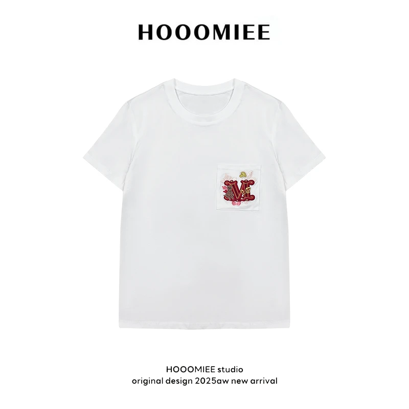 Hooomiee纯棉时尚休闲潮流字母印记圆领女士T恤短袖2025029