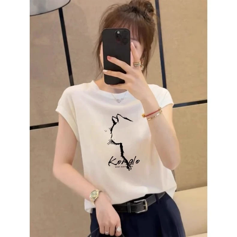 小飞袖正肩纯棉圆领短袖t恤女2025新款时尚百搭显瘦上衣春夏秋季