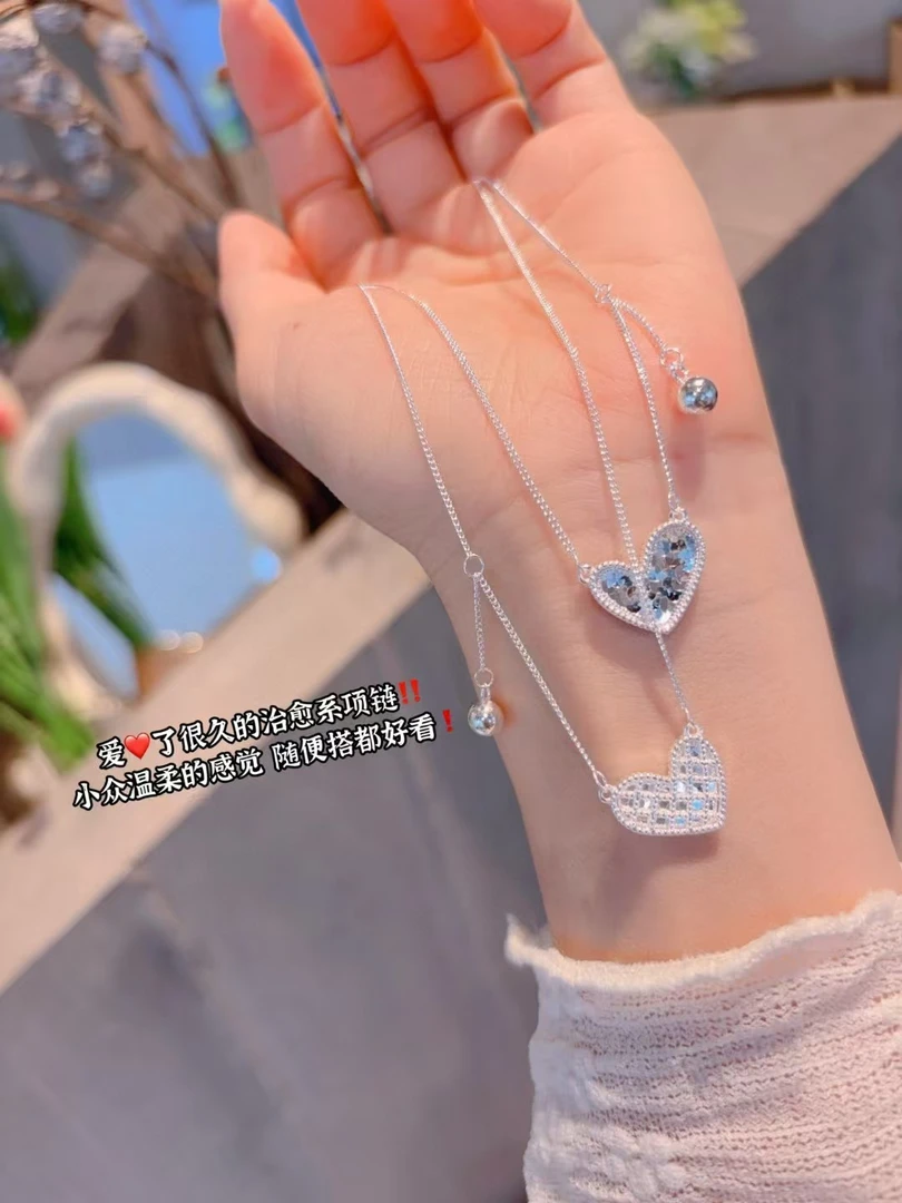 坠链均足银 足银990车花心形双面爱心侧身项链古法套链