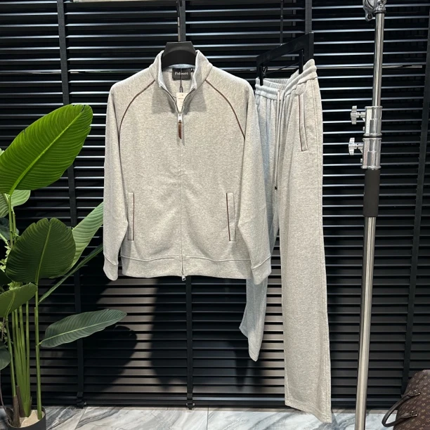 秋季套装简约纯色男桑蚕丝羊毛混纺休闲风时尚套装长袖长裤百搭