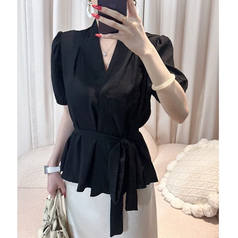 法式不规则V领短袖衬衣女夏季新款修身显瘦高级感绑带衬衫女上衣
