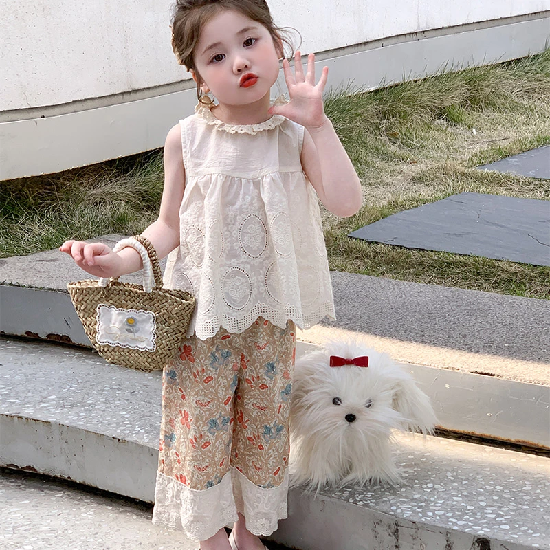 女小童2025韩版套装夏季新款洋气女宝蕾丝无袖背心女孩休闲阔腿裤