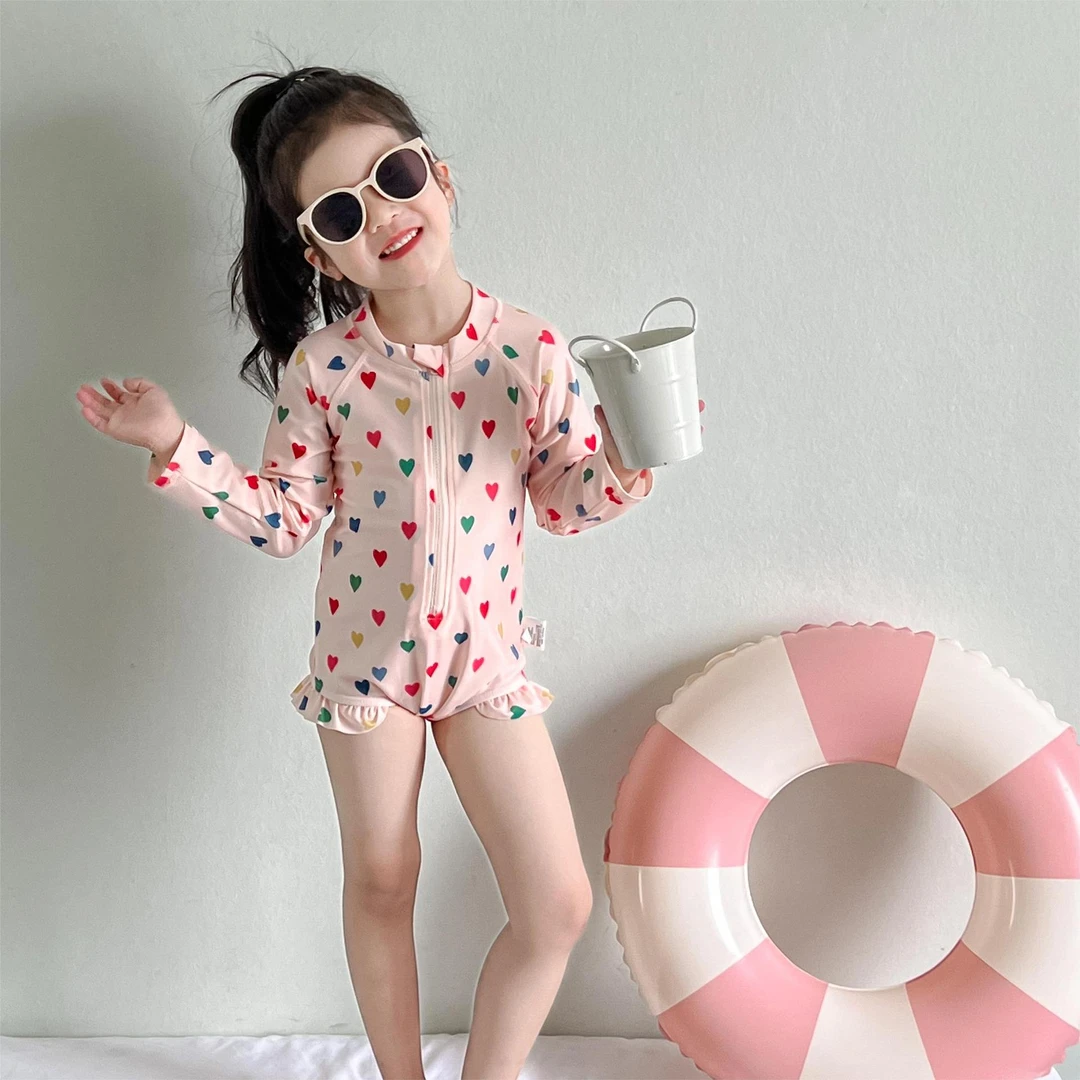 泳衣儿童女款ins风爱心满印速干游泳衣儿童泳衣女童粉色长袖泳衣