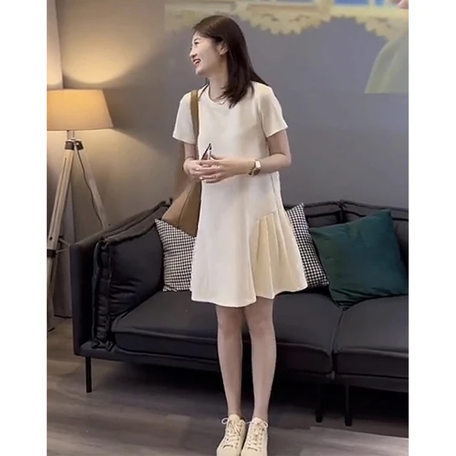 新款高级感褶皱T恤连衣裙女夏季显瘦气质洋气减龄初恋A字娃娃裙子