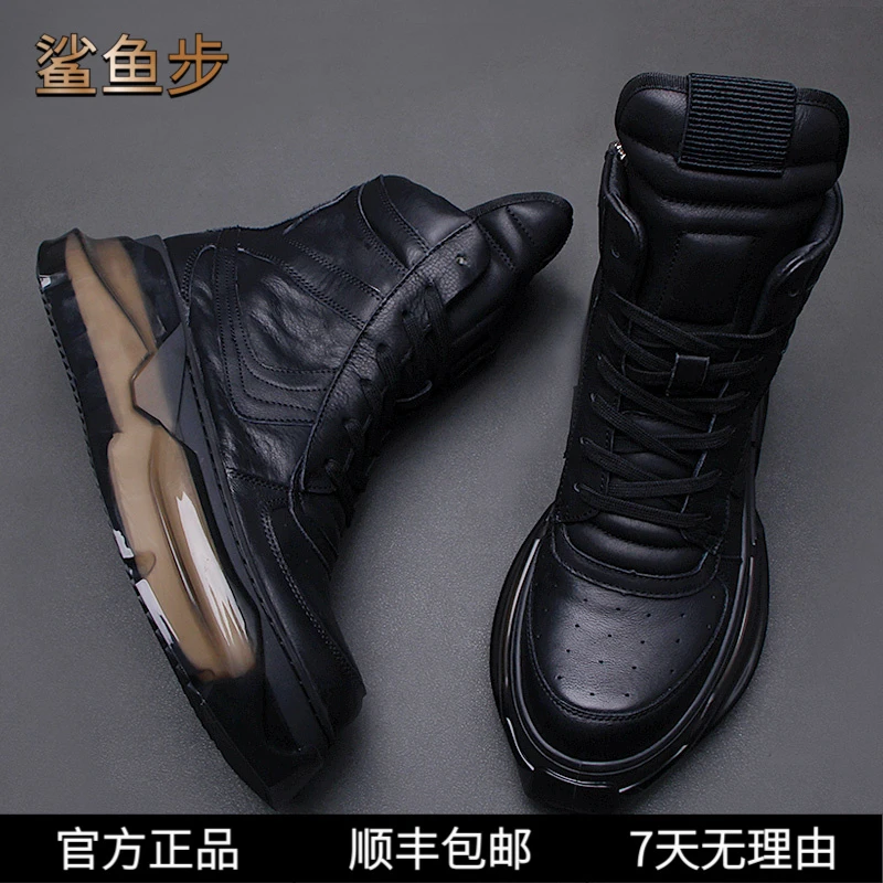 鲨鱼步欧洲站冬季马丁靴男潮真牛皮高帮机车皮靴个性厚底增高短靴