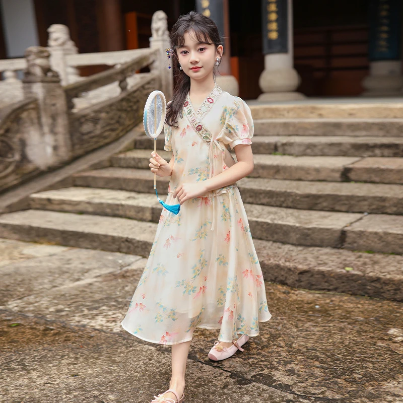 女童民族风雪纺套装2025新款儿童洋气夏装改良版中国风汉服套裙潮