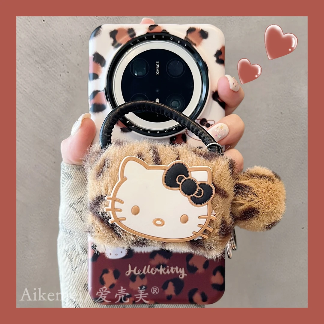 适用华为mate70pro+手机壳菲林豹纹Mate60pro毛绒Kitty猫磁吸支架