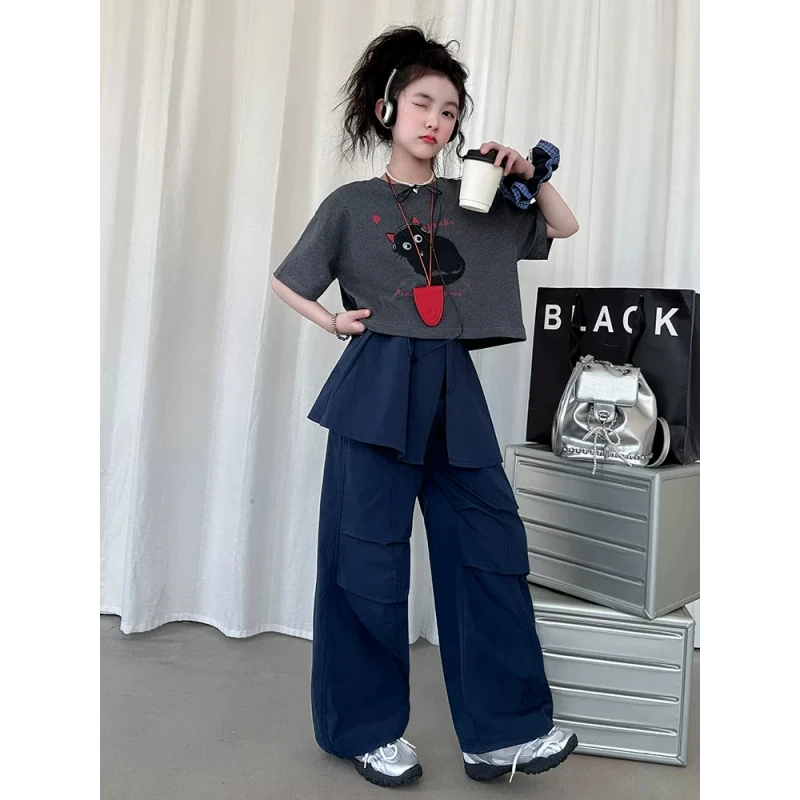 女童套装2025新款夏季韩版大童短袖T恤上衣裙帘裤女孩时髦阔腿裤