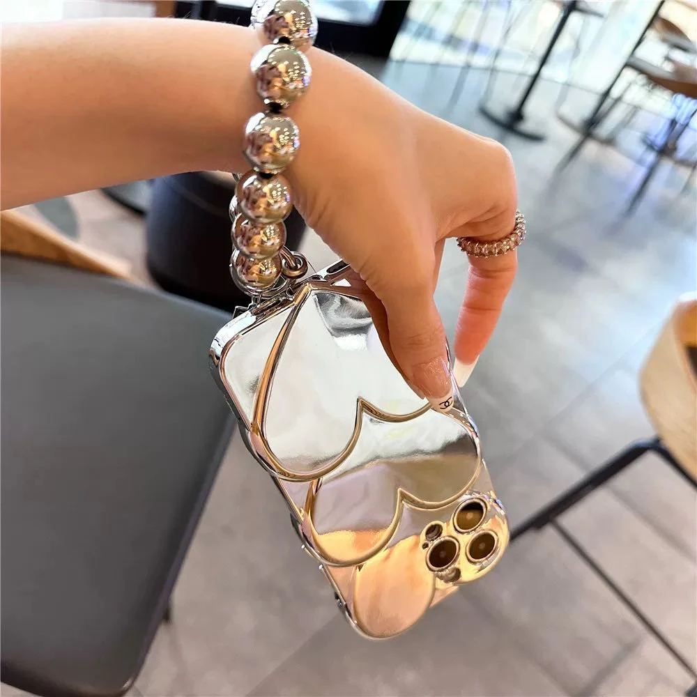 小众iPhone14ProMax手机壳电镀银色爱心手链苹果11/12软13pro女款