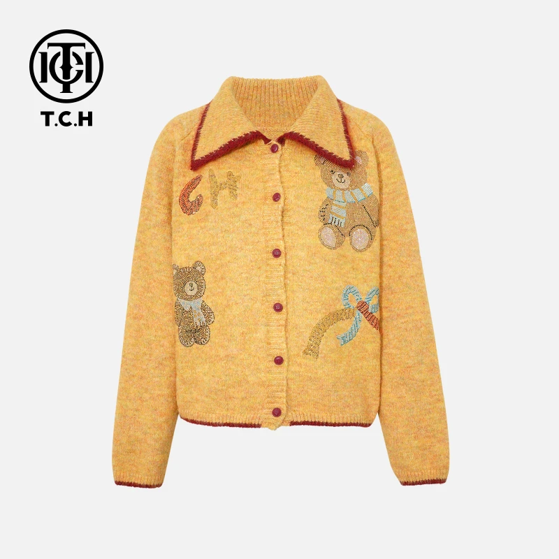 TCH【含绵羊毛】冬款宽松款时尚烫钻淑女黄色针织开衫T75D43E1030