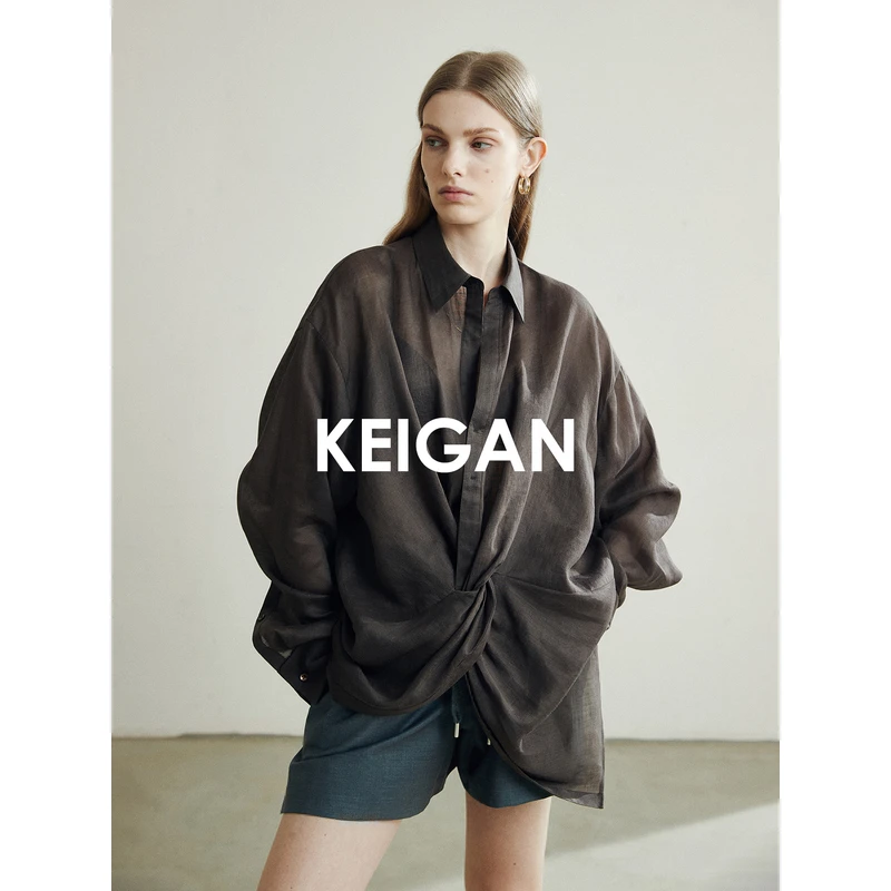 开间/韩国进口轻透高支精梳苎麻 不对称解构扭结仙气宽松防晒衬衫