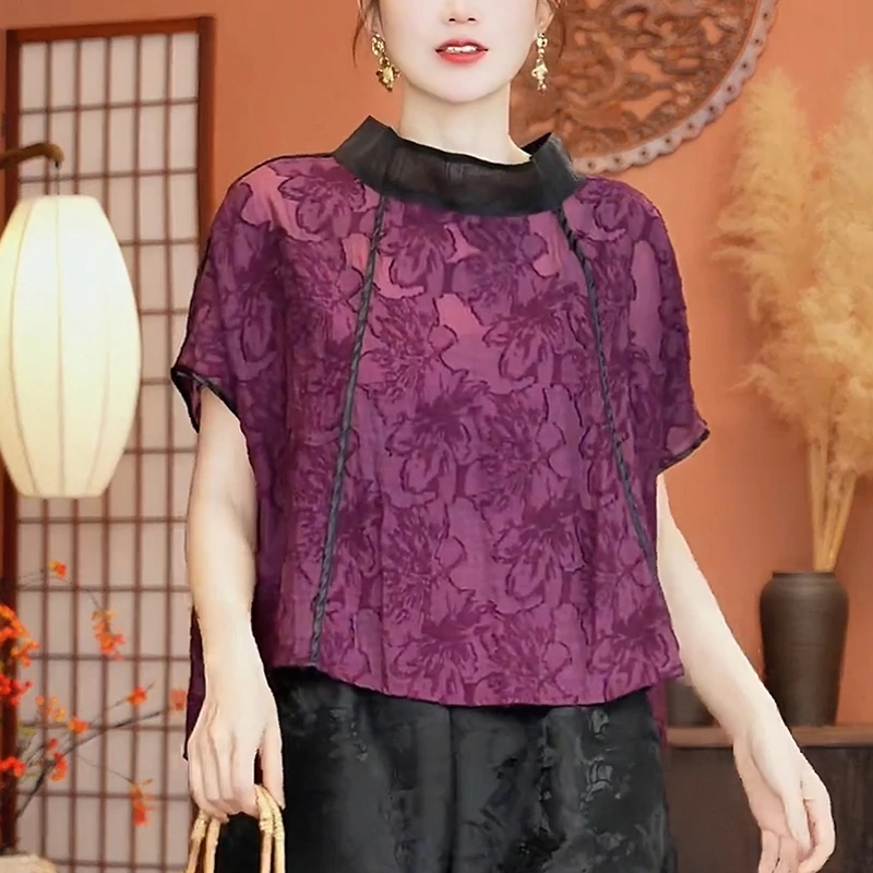 时尚减龄短袖衬衫2025夏季新款紫色女显瘦新中式网纱拼接立领上衣