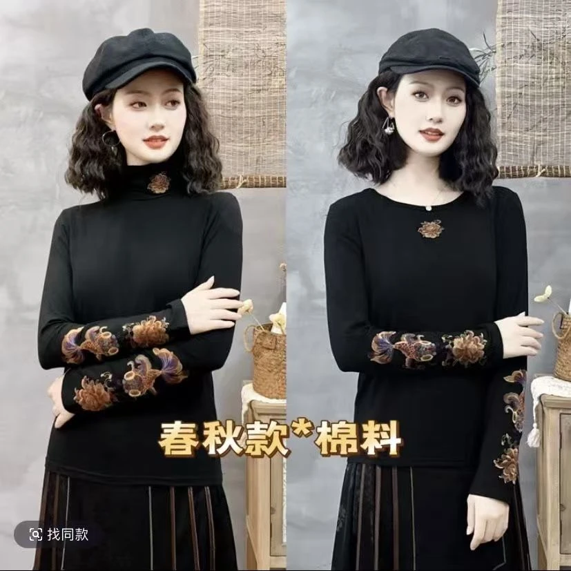 2025中式民族新款刺绣棉质绣花打底复古高领妈妈长袖国风T恤上衣