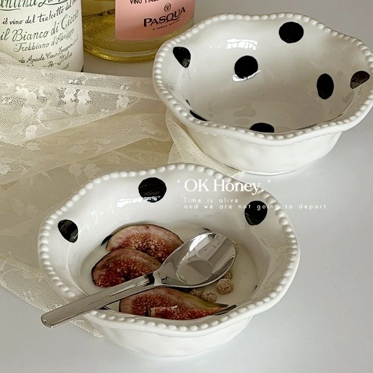 ins韩式花边饭碗可爱水果小碗陶瓷家用甜品波点早餐沙拉酸奶餐具
