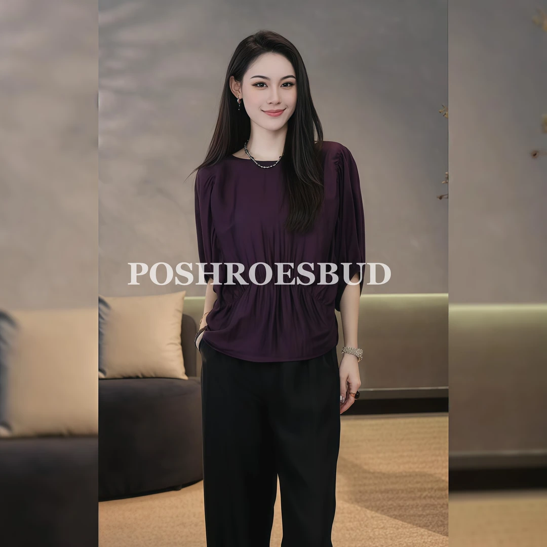 POSHROSEBUD【南法优雅】醋酸褶皱灯笼袖圆领显瘦气质上衣衫-70963