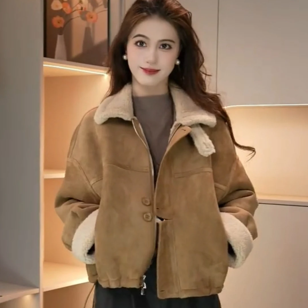 加绒加厚短款皮毛一体外套女2025冬季新款爆款立领机车服夹克上衣