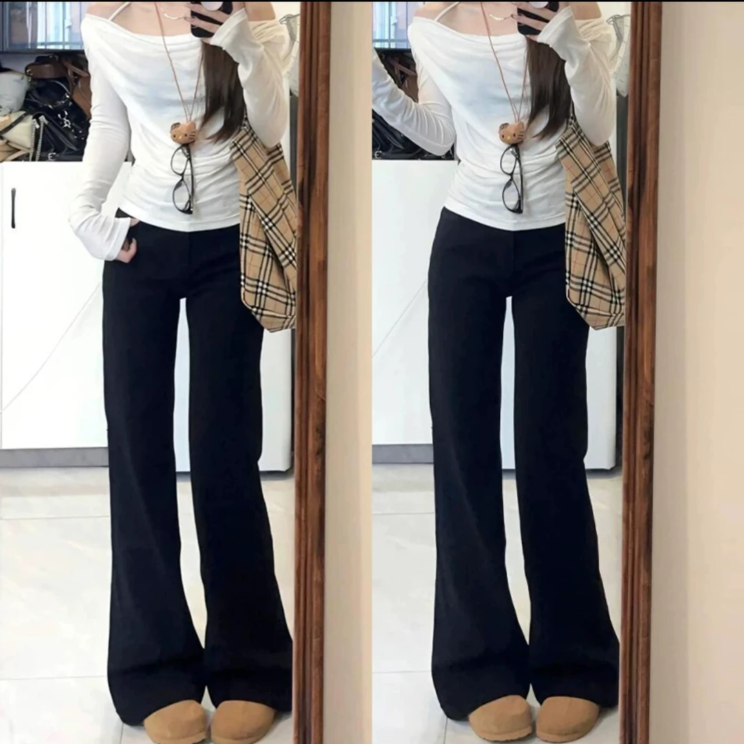 黑色不贴腿微喇牛仔裤女春季新款高腰无弹宽松显瘦百搭喇叭拖地裤