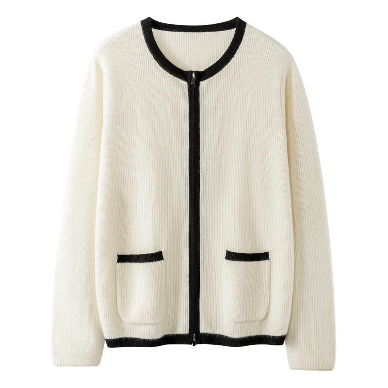 康塞妮A规纱春秋女士100%纯羊绒小香风开衫外套圆领拉链针织时尚