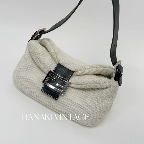 95新 FENDI/芬迪 花绮中古/FENDI白色毛线编织腋下单肩包