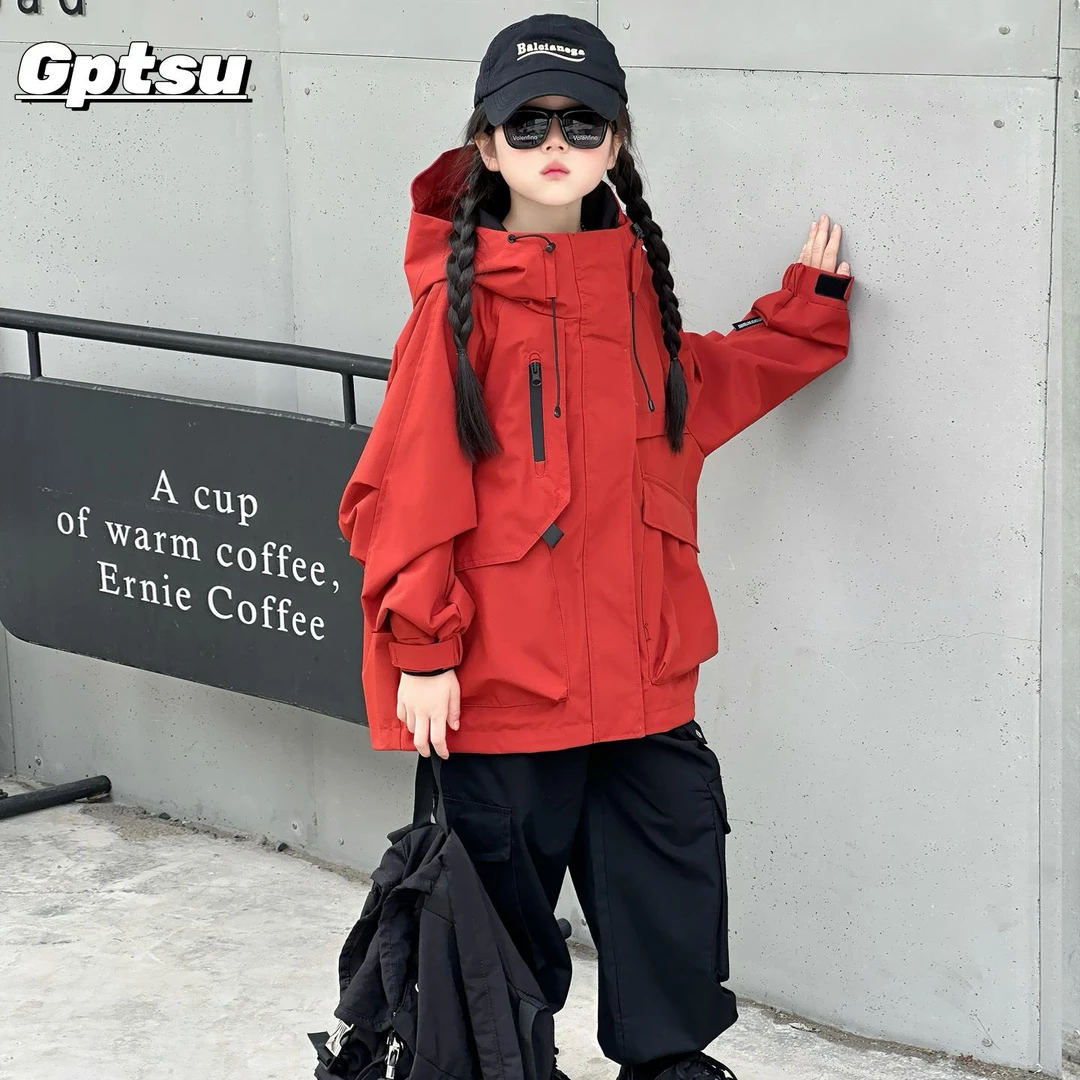 GPTSu童装冲锋衣外套户外夹克2025春秋新款女童工装防风潮酷上衣