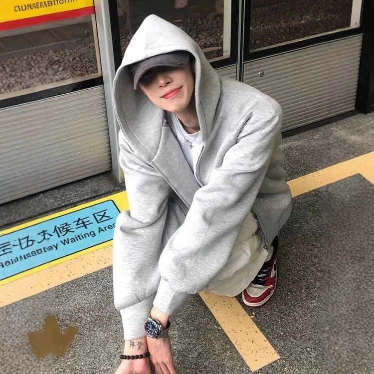 高质量450克浅灰色连帽卫衣男秋新款卫衣双头拉链外套美式复古开