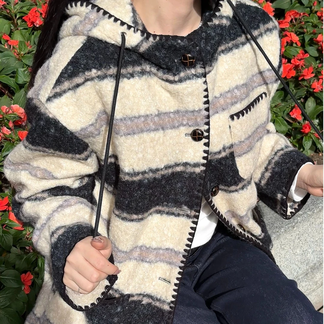 落肩袖宽松型女连帽冬季毛呢外套慵懒女装宽松气质  837