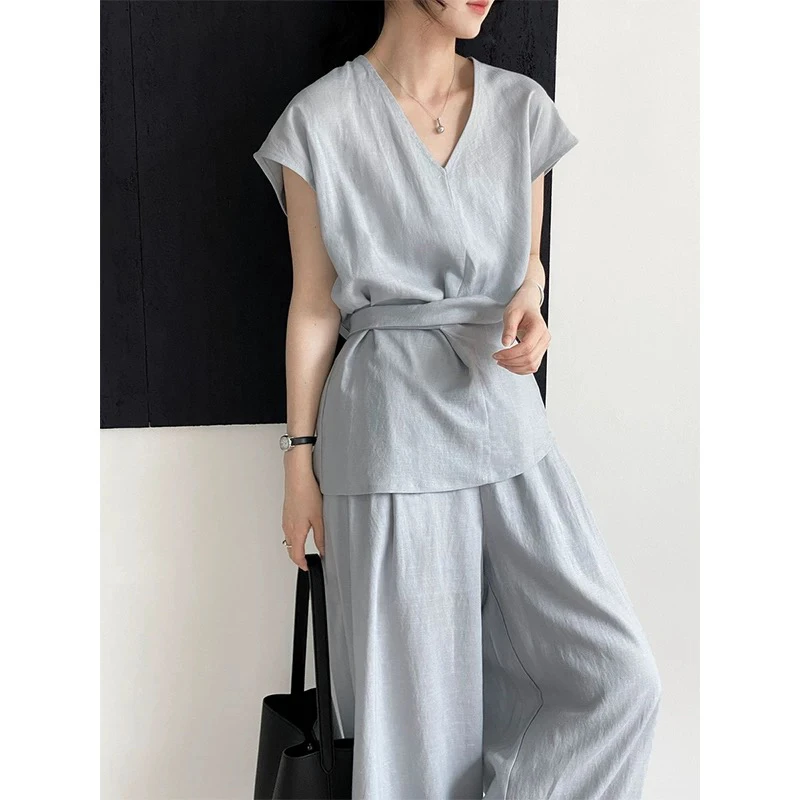 高级感棉麻V领绑带收腰背心小衫显瘦阔腿裤两件时尚套装