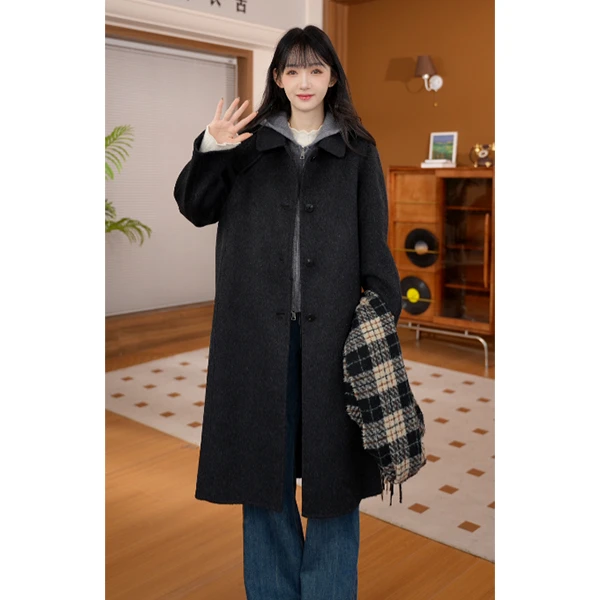 HSTYLE/韩都衣舍秋冬复古英伦风真两件套保暖时尚中长款羊毛大衣