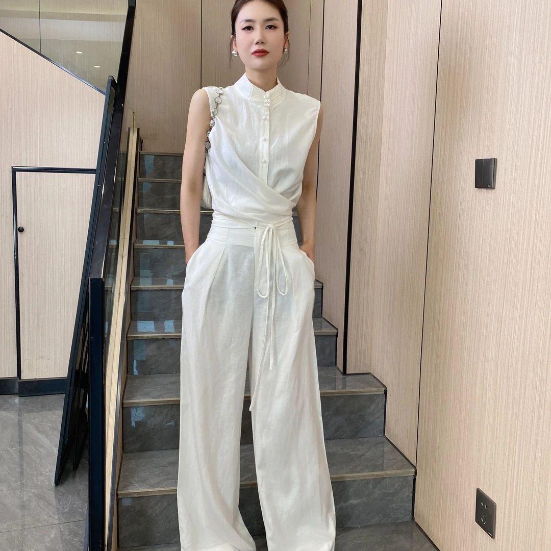 【俊英】2025夏季新款高级感百搭收腰无袖上衣+垂感宽松阔腿裤两件