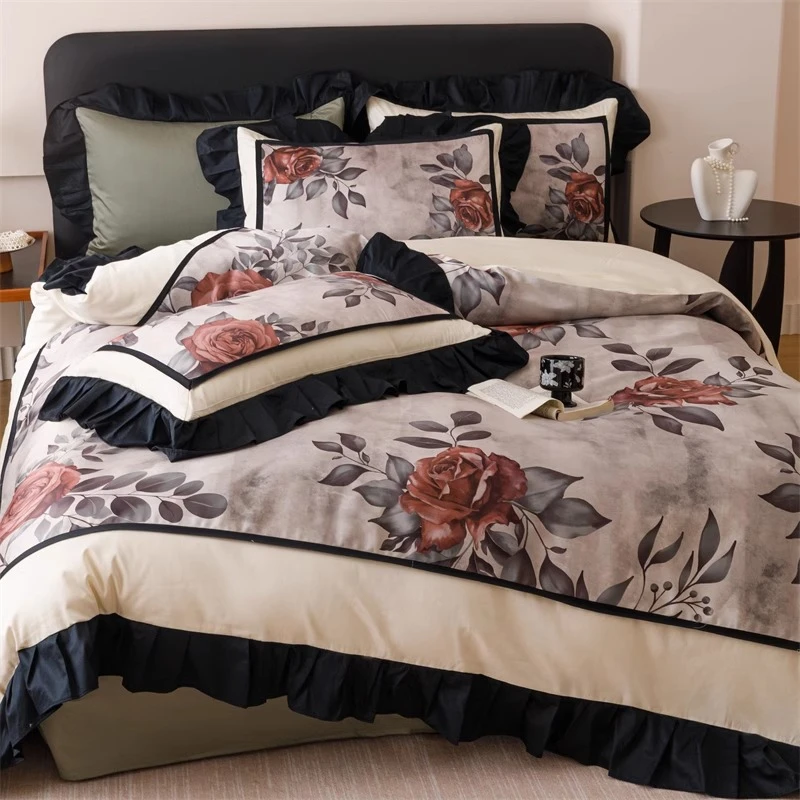 新款法式复古风全棉数码印花四件套轻奢花边被套纯棉床上用品