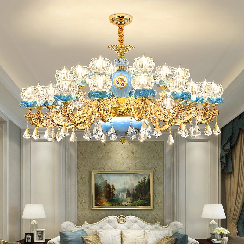 欧式吊灯轻奢大气客厅灯奢华陶瓷水晶别墅时尚复古自建房新款灯具