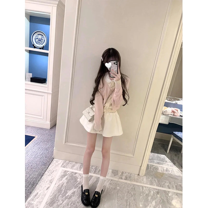 【乖巧学院派】蕾丝领假两件设计感miu针织上衣配A字蓬蓬裙两件套