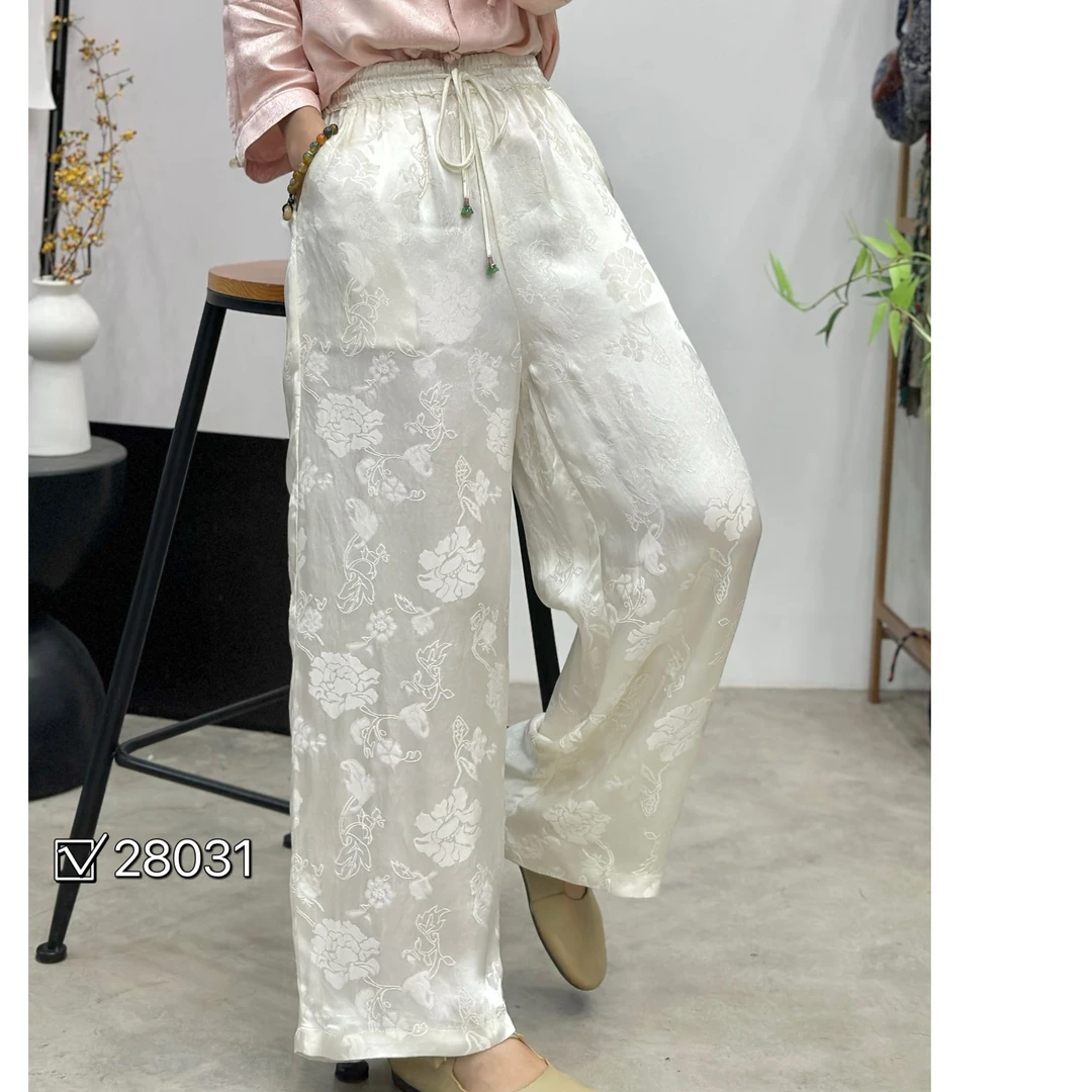 新中式高腰提花垂感阔腿裤春夏季新款宽松显瘦休闲直筒长裤28031