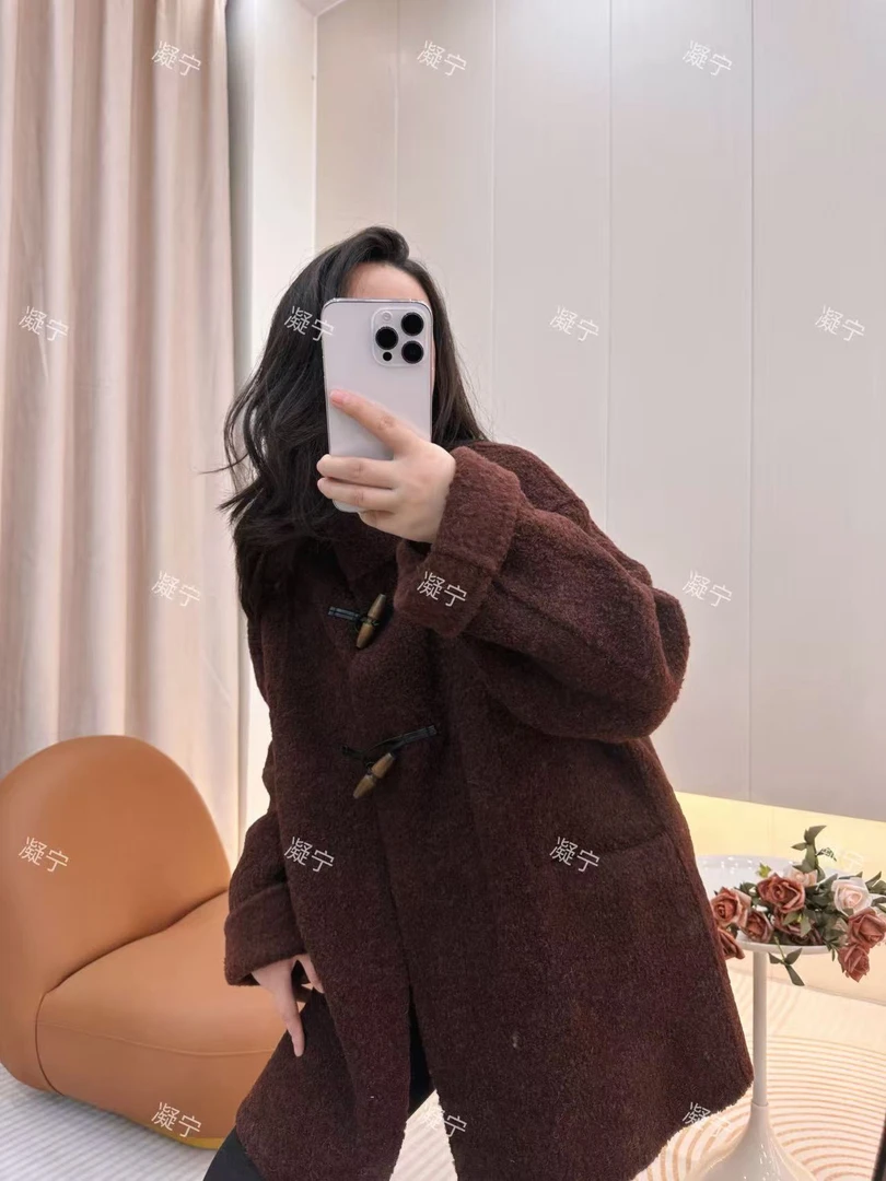 秋冬中长款女士羊毛立领圈圈毛红棕色毛呢外套翻领秋冬休闲百搭
