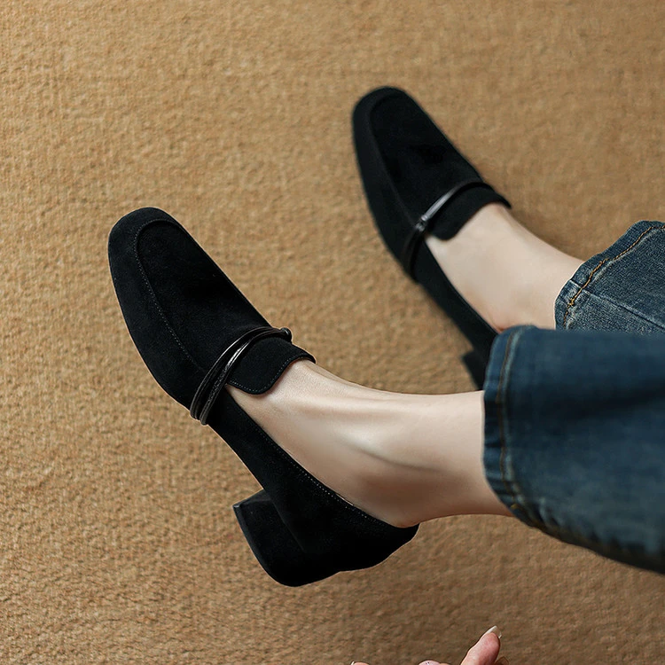 英伦风方头粗跟单鞋女2025新款百搭羊翻皮中跟乐福鞋时尚复古女鞋