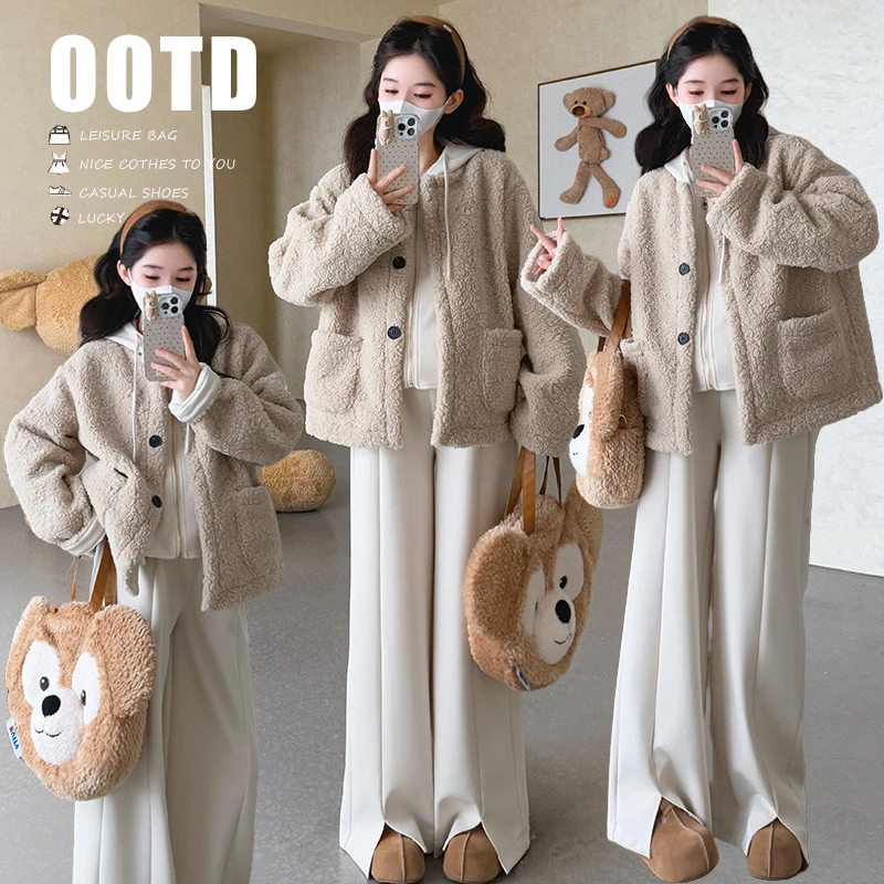 { 糕糕 }孕妇装2025冬季新款韩系加厚拼接假两件外套+阔腿裤套装