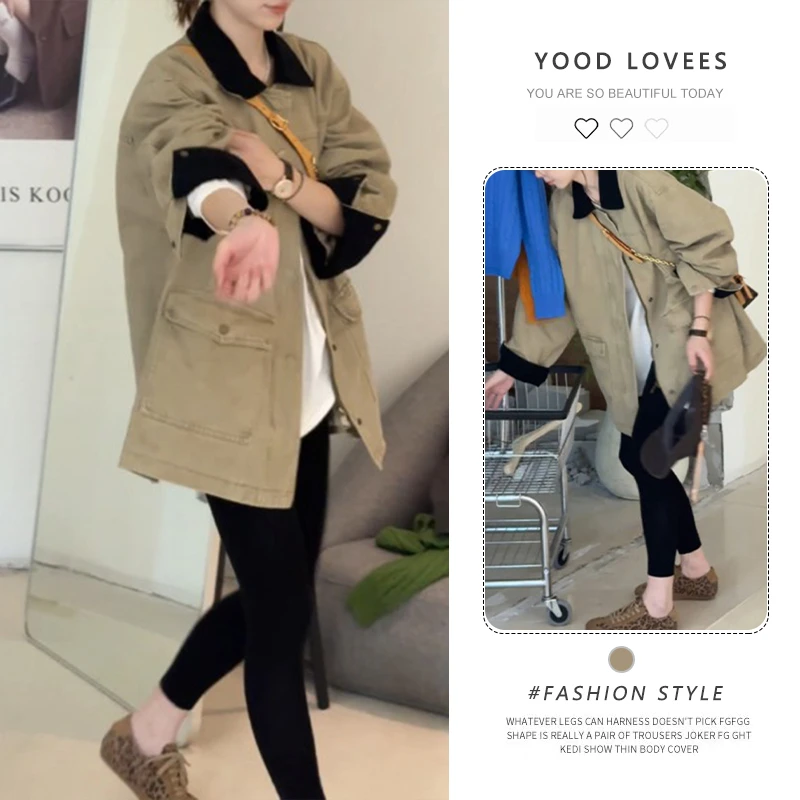 撞色卡其色风衣短外套春秋新款宽松日系小个子百搭工装夹克衫上衣