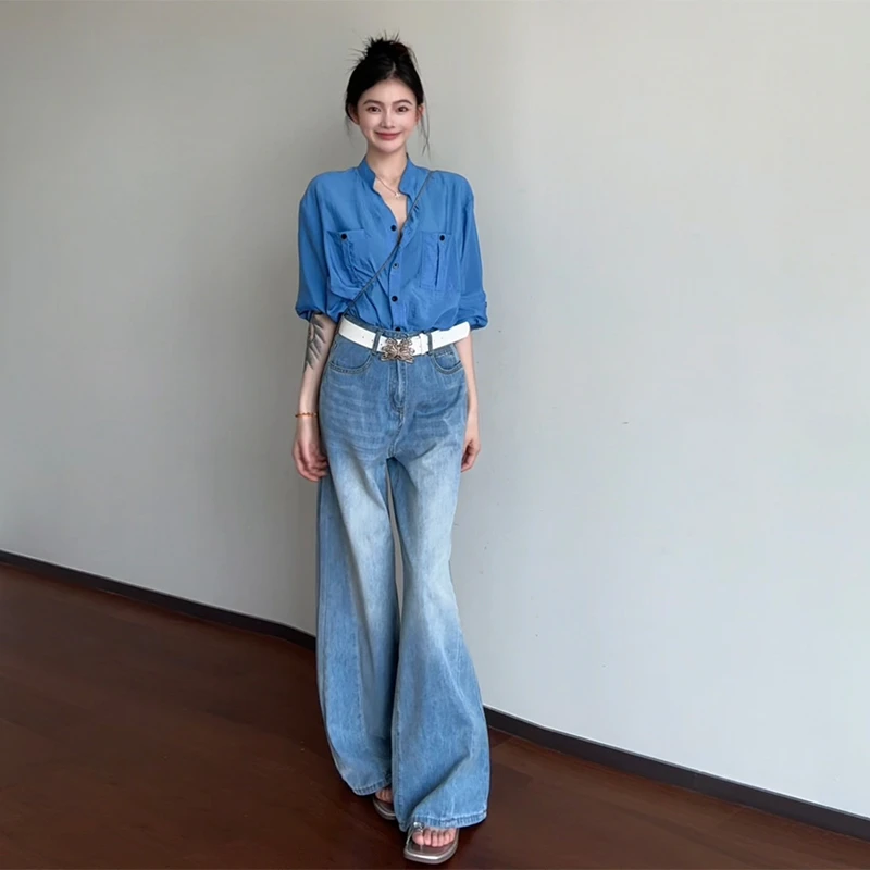 水洗浅蓝直筒牛仔裤女2025年秋季新款薄款宽松显瘦拖地百搭阔腿裤