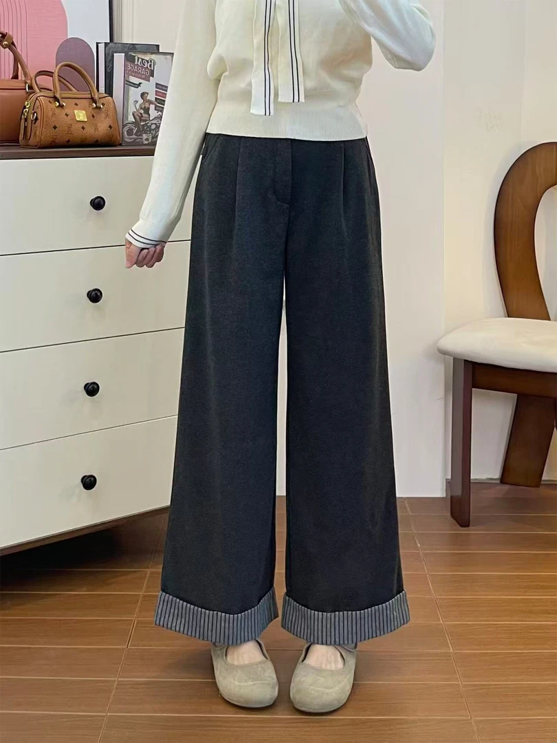 深灰色毛呢阔腿裤女加绒加厚冬季大码微胖宽松显瘦慵懒休闲直筒裤