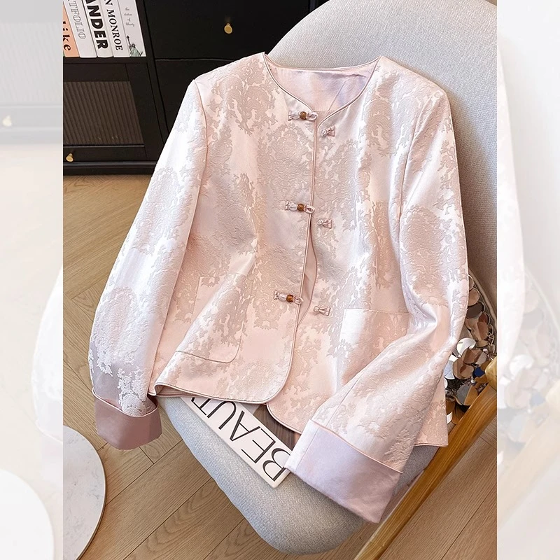 粉色圆领新中式国风减龄外套女2025新款爆款春季超火提花短款上衣