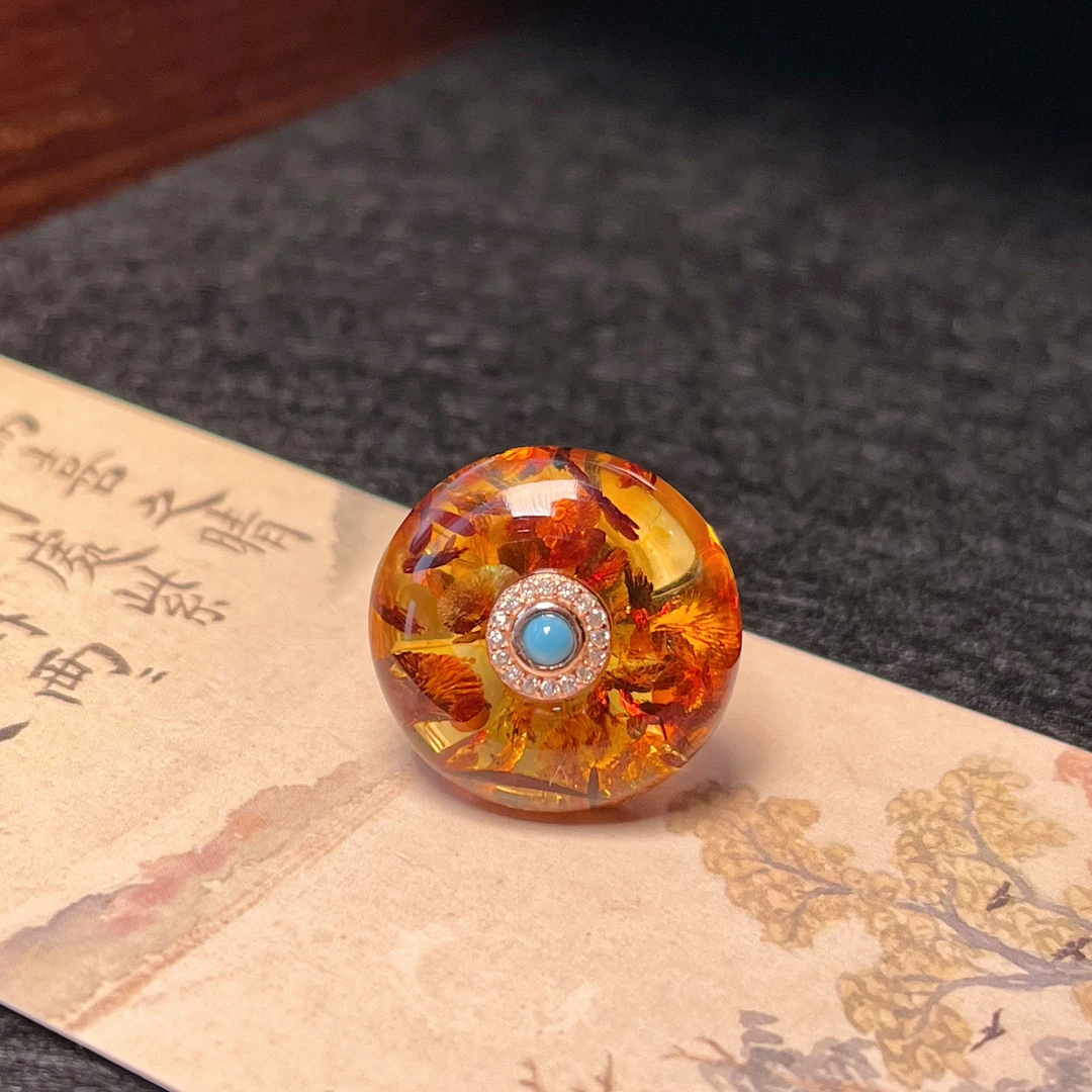 天然花珀平安扣饼子女款戒指时尚百搭气质金色轻奢精致个性可调节