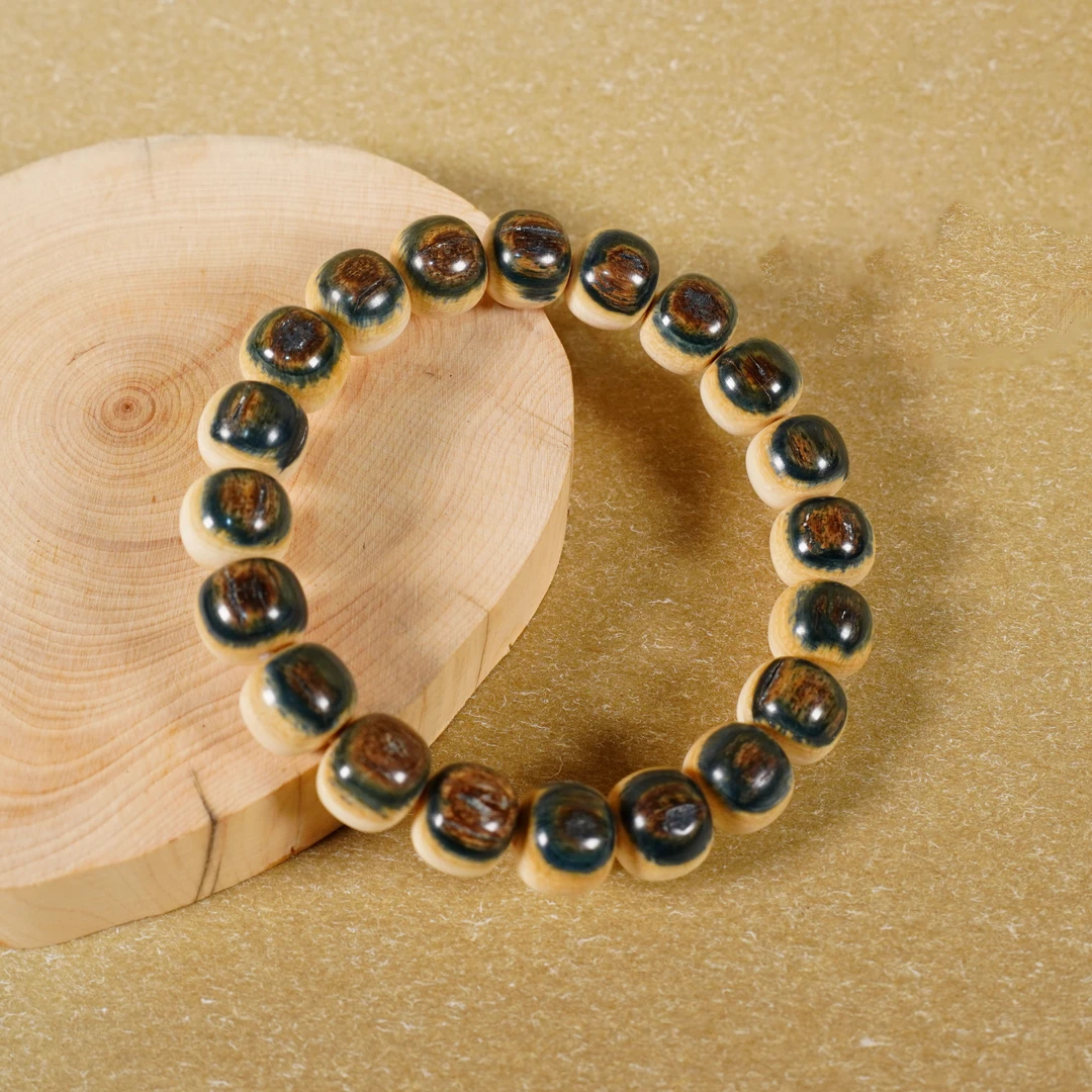 【造木东方】猛犸牙（宝石蓝）蓝眼睛9*10mm老型单圈手串木雕