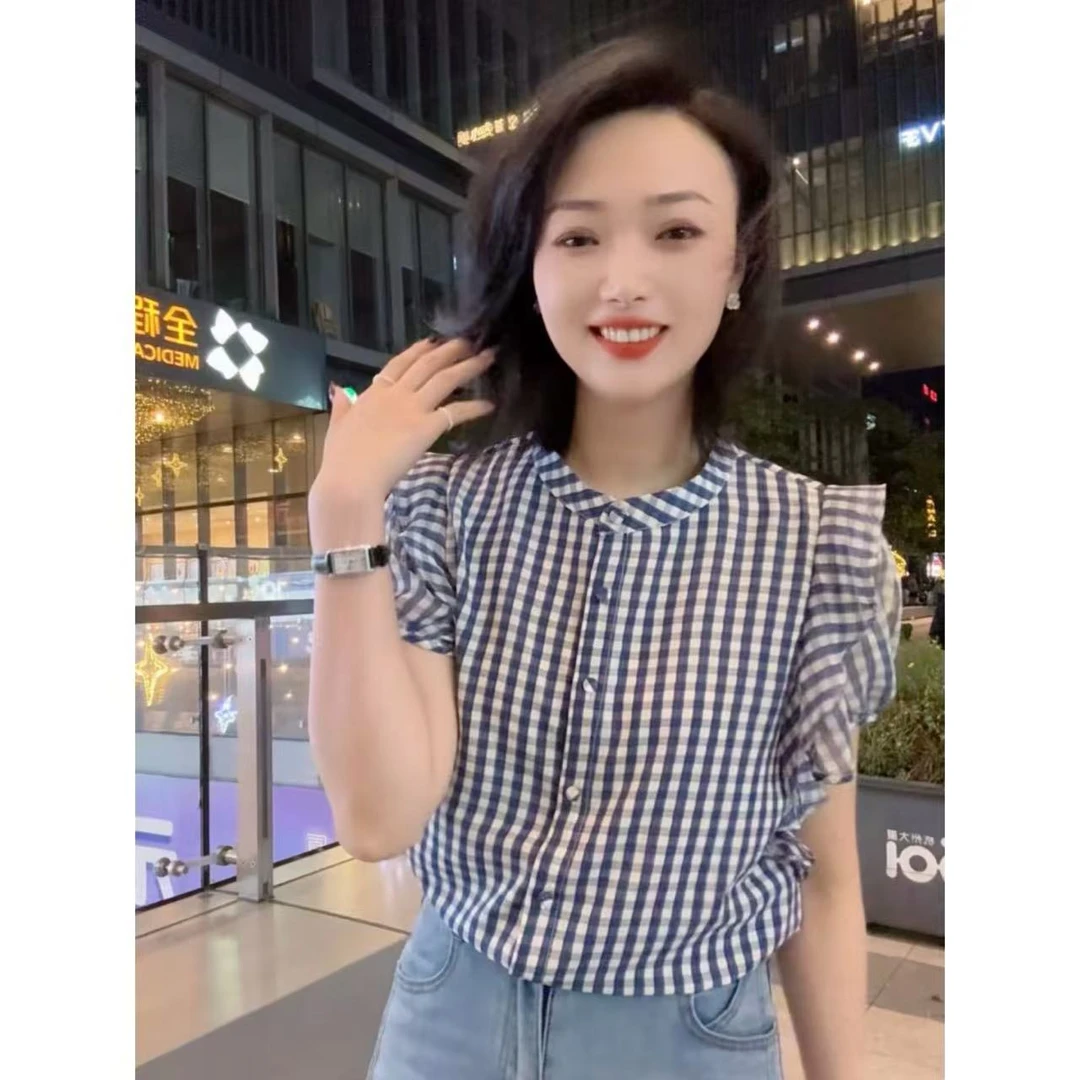 简约时尚气质设计感圆领短袖格子衬衫女夏款通勤上衣雪纺衫25082