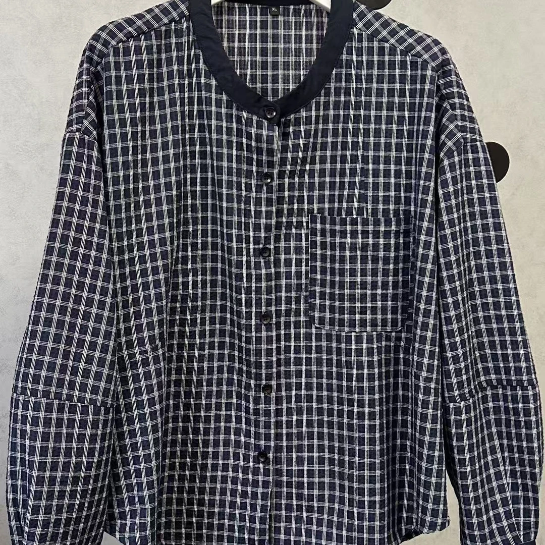 早秋复古格子长袖衬衫女宽松韩系设计感上衣