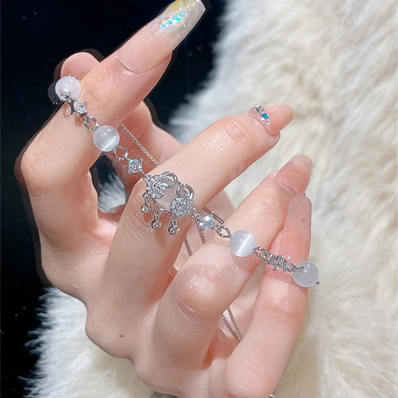 平安锁手链女生款百搭轻奢小众精致猫眼石手饰简约素款饰品复古