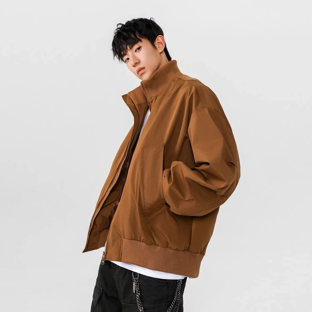 美式复古棕色短款飞行夹克男cleanfit高级感廓形防水棒球服外套潮