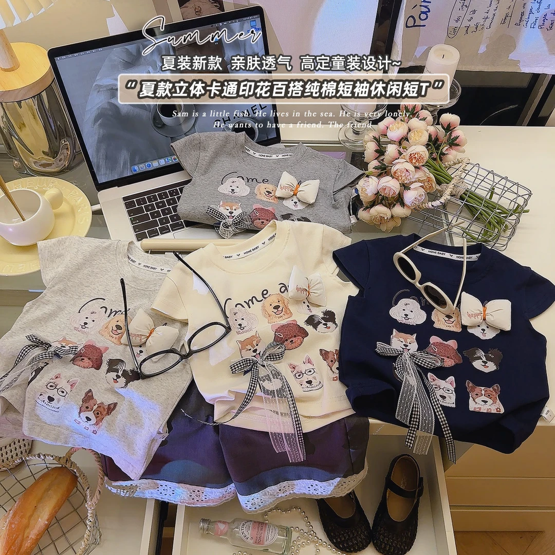 2025夏季新款立体蝴蝶结腊肠小狗短袖t恤女童夏款