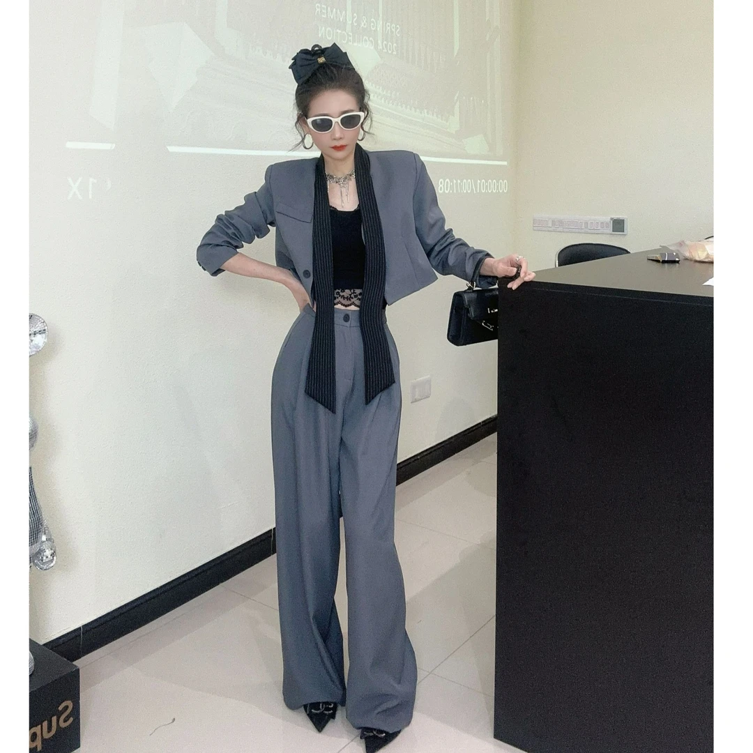 [春歌]高级感西装套装条纹飘带上衣直筒裤两件套纯色气质宽松春秋