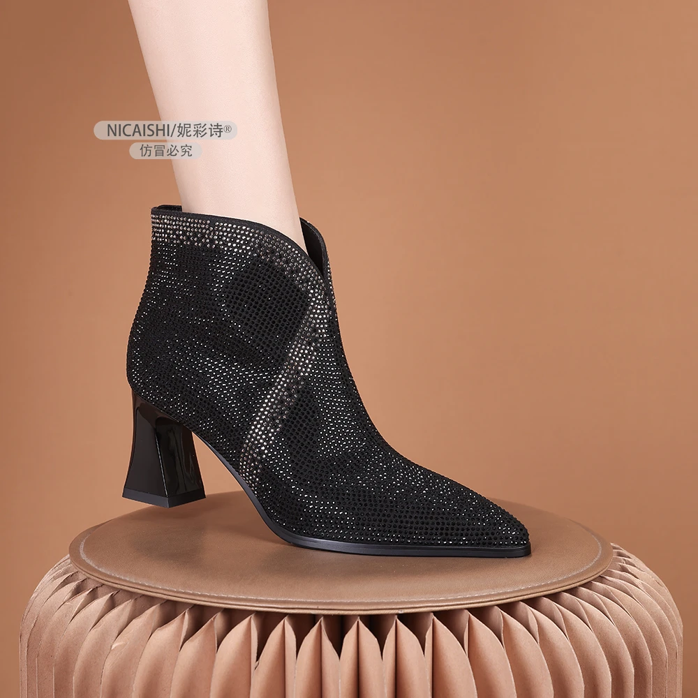 2025新款秋冬欧美尖头侧拉链舒适简约女靴气质百搭粗跟短靴3290